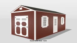 Red garden shed with white trim, 12x24 size.