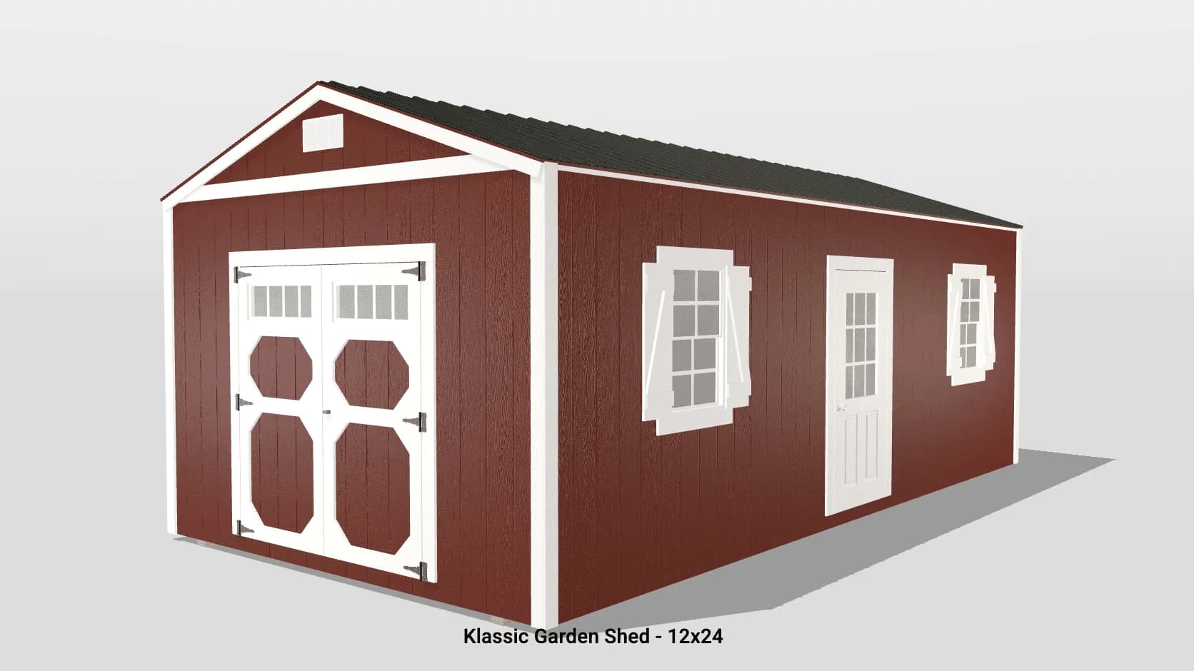 Red garden shed with white trim, 12x24 size.