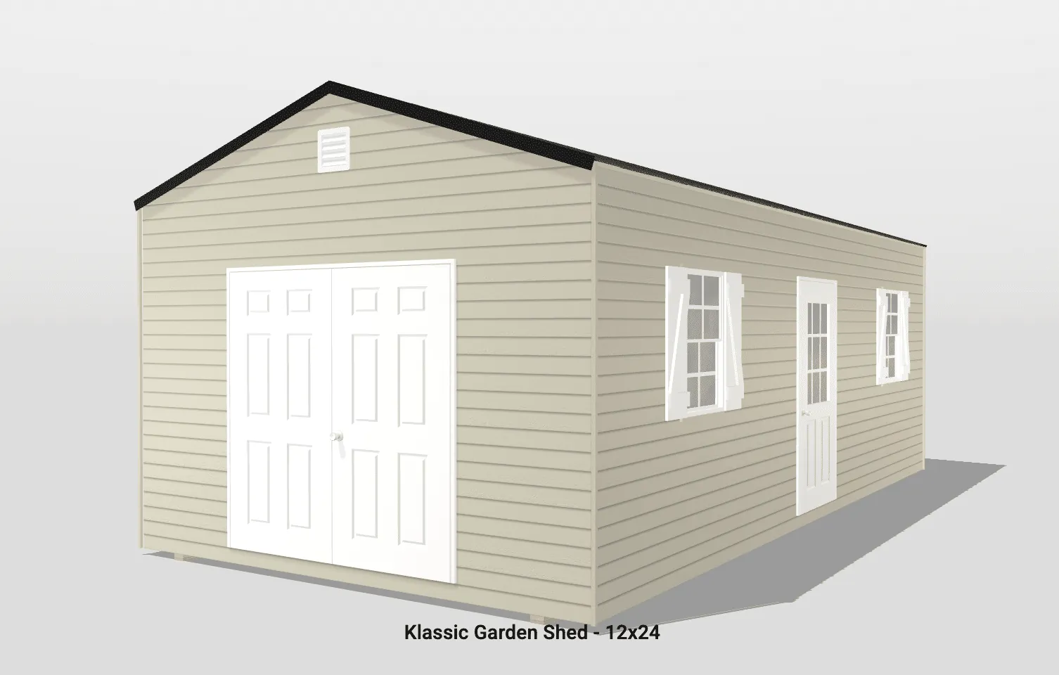Beige garden shed with double doors and windows