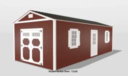 Red garden shed with white trim, 12x28 size.