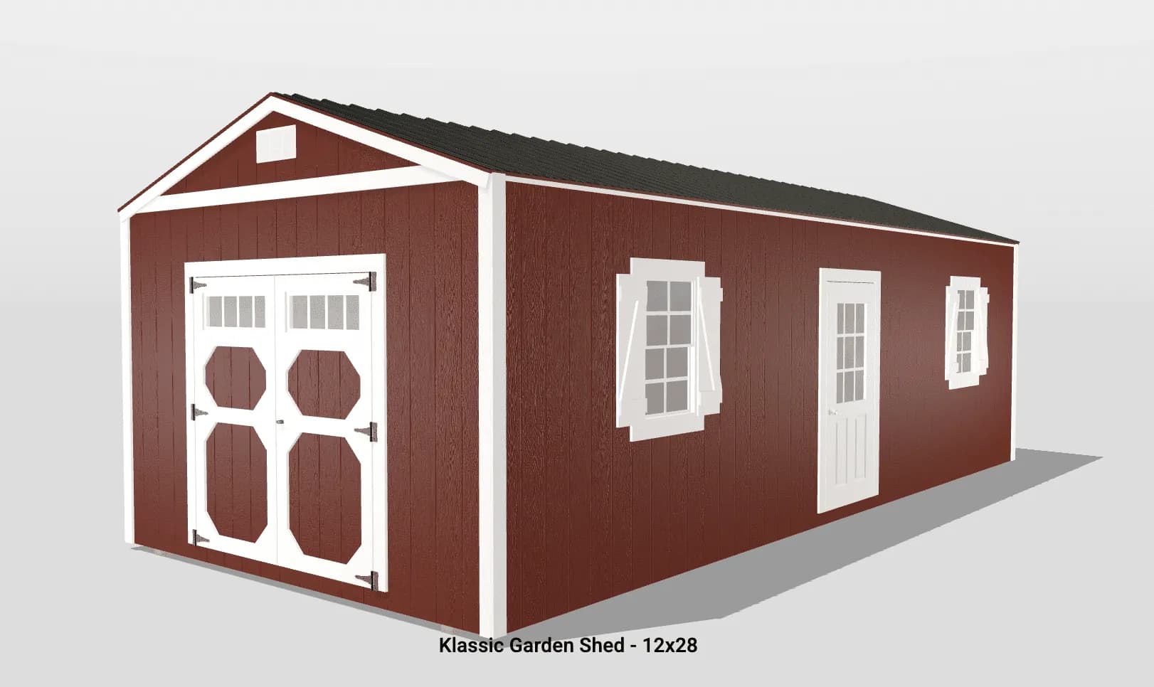 Red garden shed with white trim, 12x28 size.