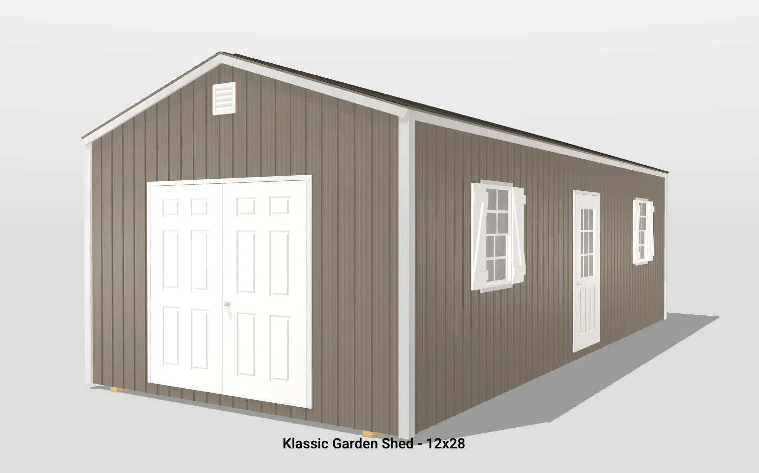 Classic garden shed with double doors and windows.