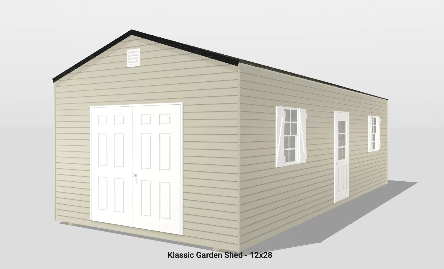 Beige garden shed with doors and windows.