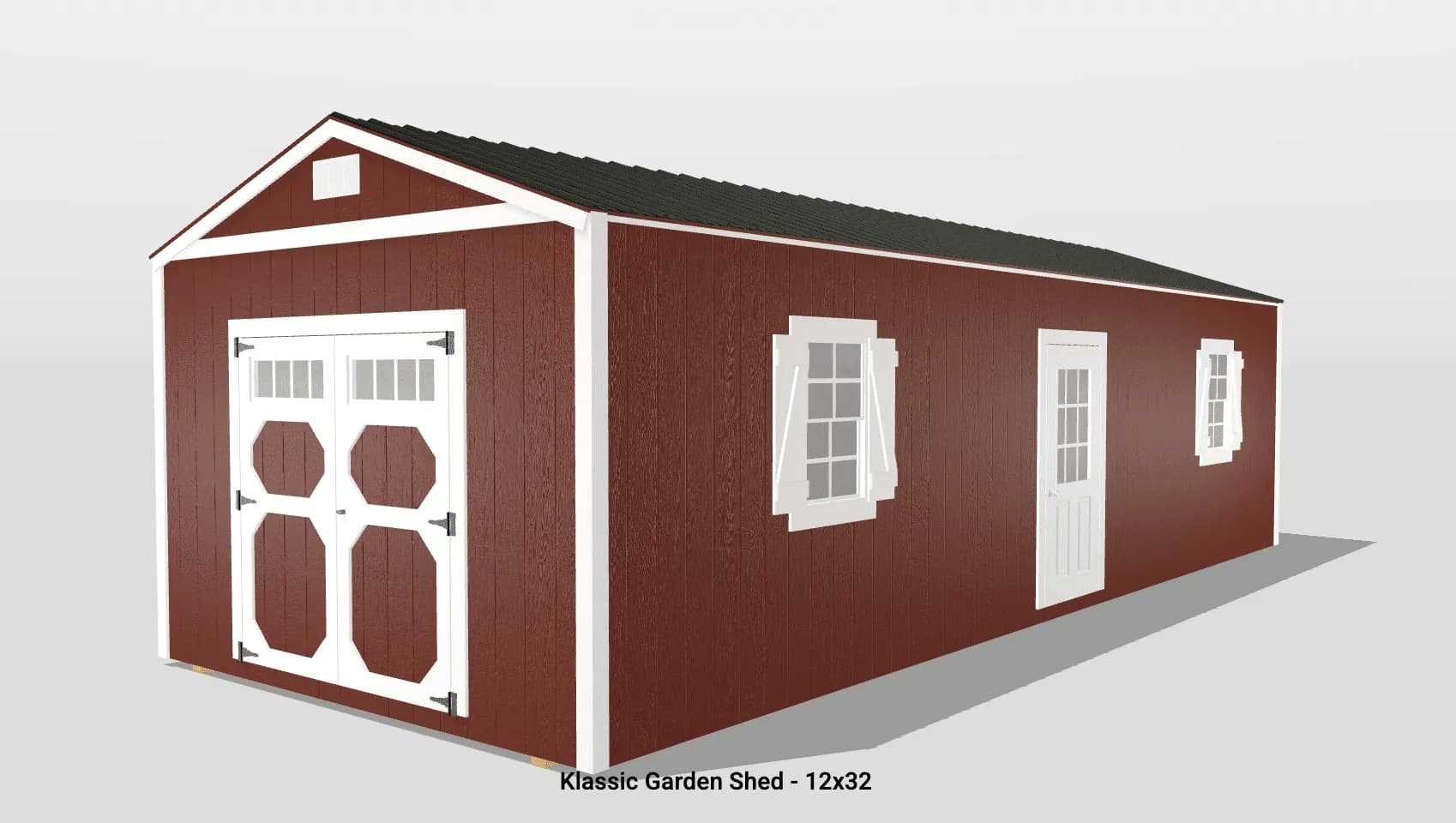 Red garden shed with white trim, 12x32 size