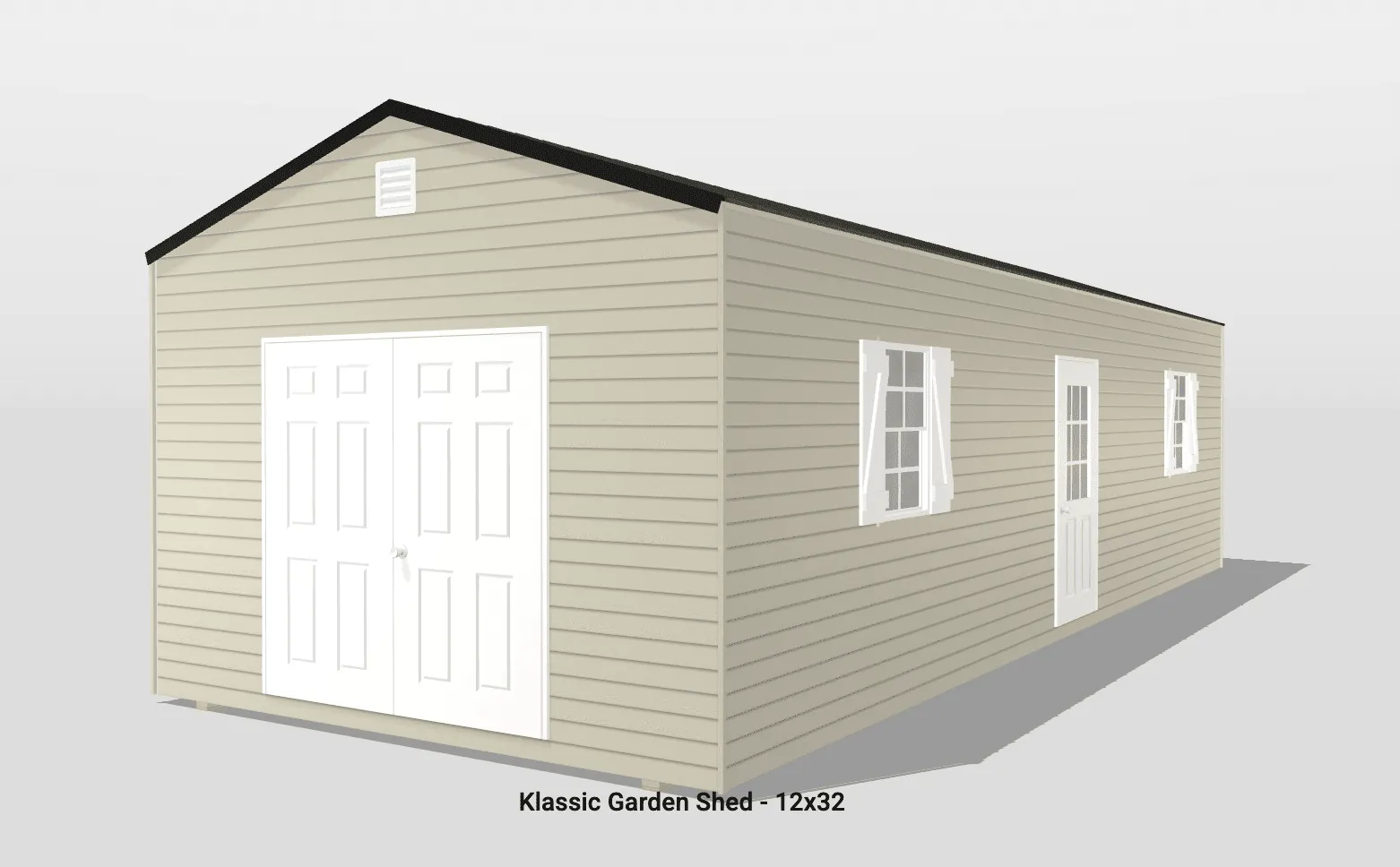 12x32 Klassic garden shed with beige siding.