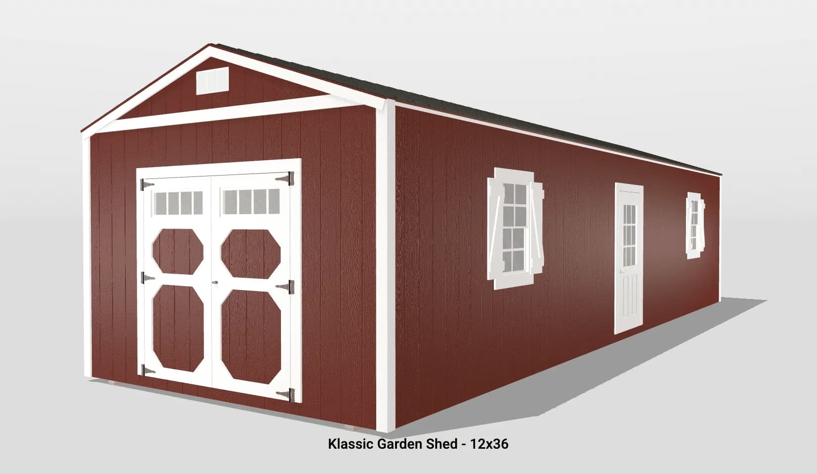 Red garden shed with windows and doors, 12x36 size.