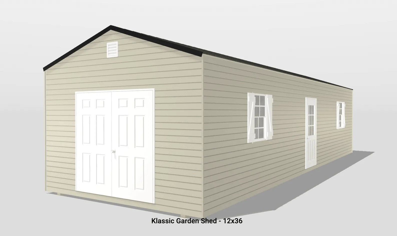 Klassic 12x36 garden shed with white doors.