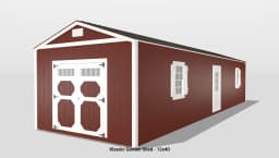 Red garden shed with white trim, 12x40 size.