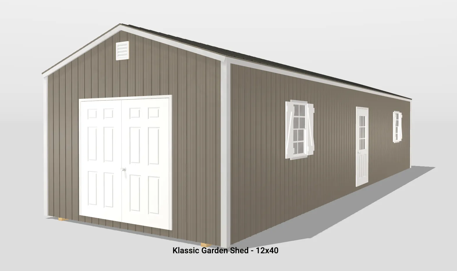 12x40 brown garden shed with white trim.
