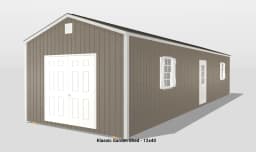 12x40 brown garden shed with white trim.