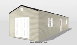 Beige garden shed with windows and doors.