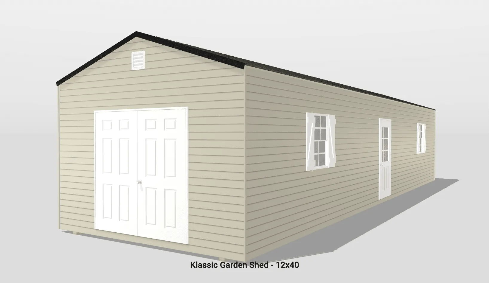 Beige garden shed with windows and doors.