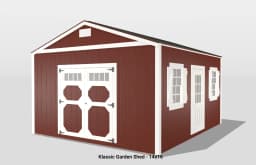 Red garden shed with white doors and windows.