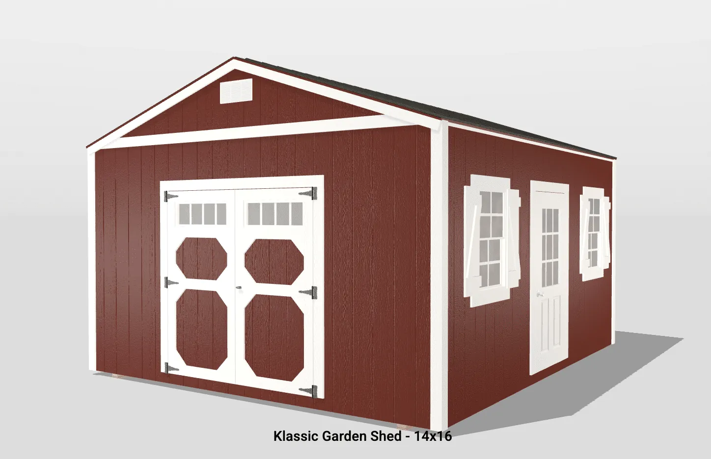 Red garden shed with white doors and windows.