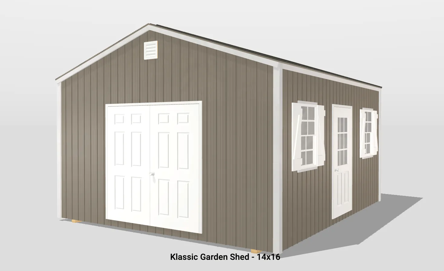 Klassic garden shed with windows and door, 14x16 size.