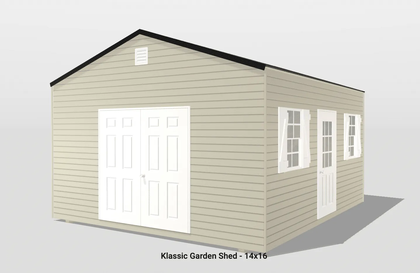 Beige garden shed with white doors and windows.