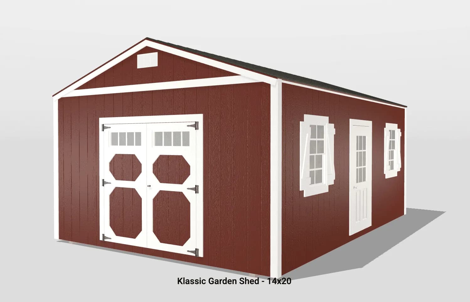 Red garden shed with white trim, 14x20 size.