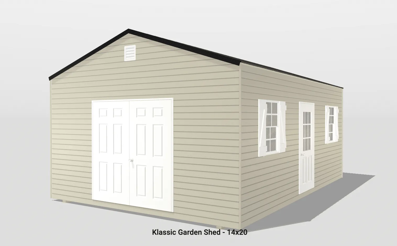 Beige garden shed with white doors and windows