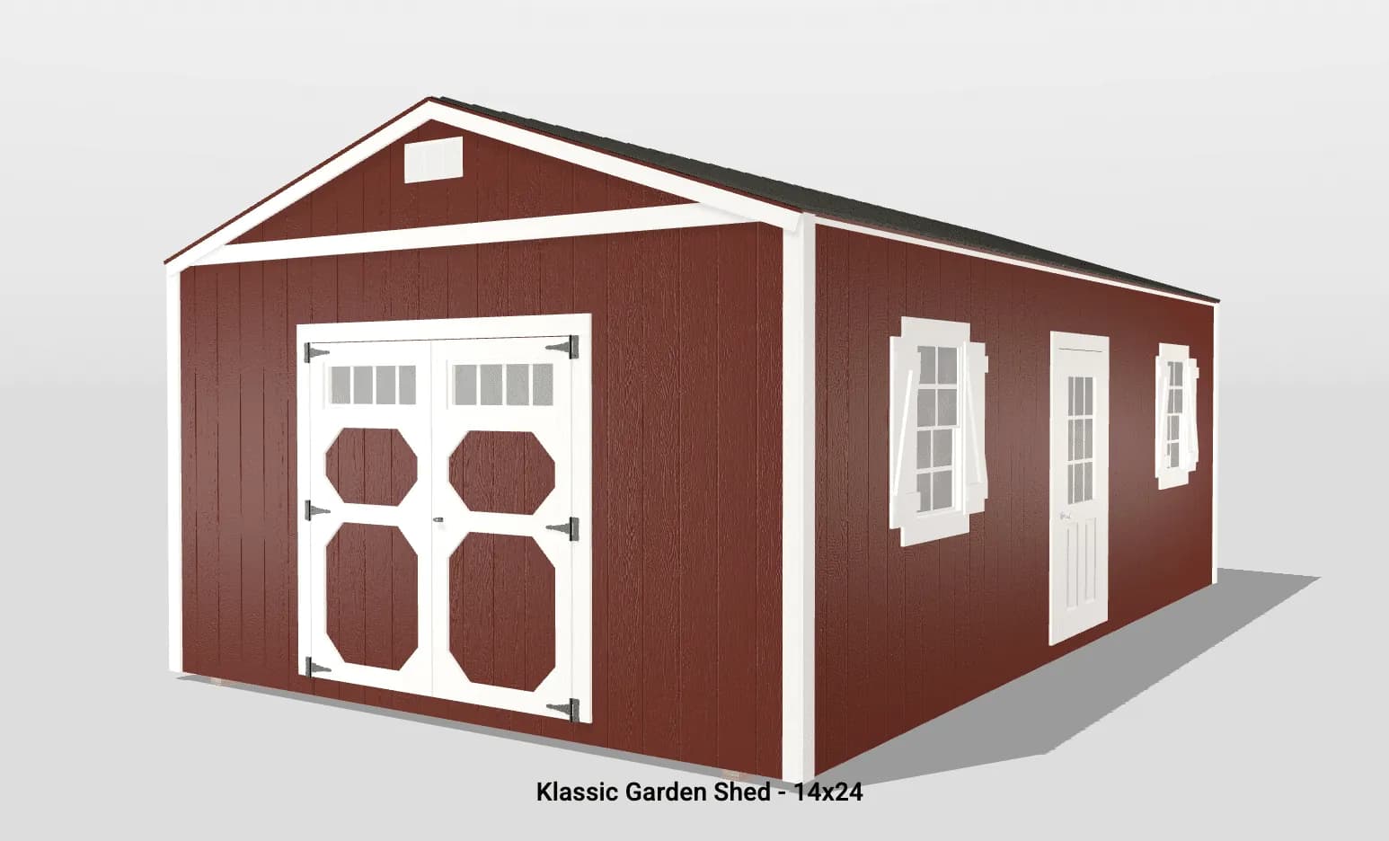 Red garden shed with white trim and windows.