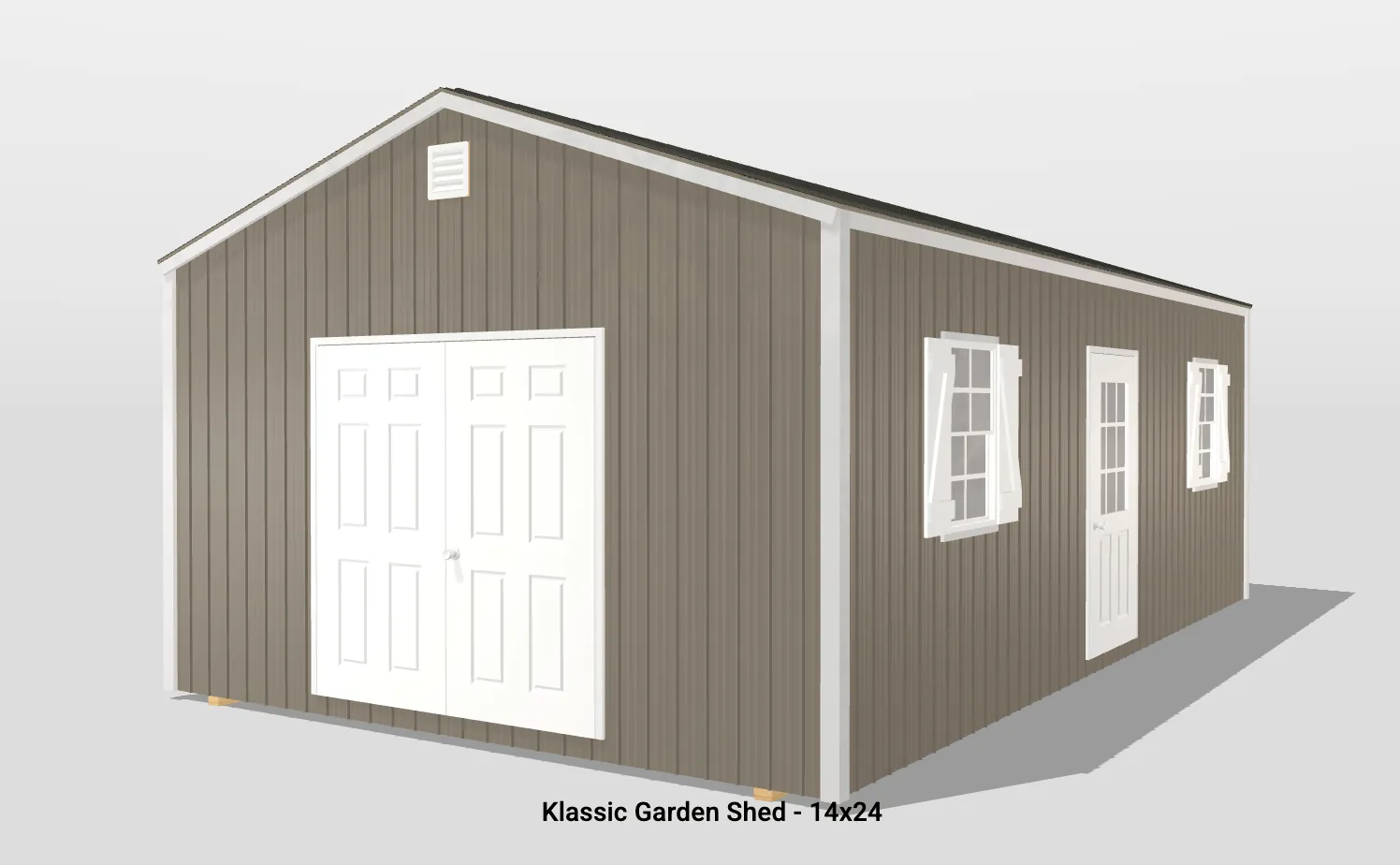 Brown garden shed with white doors and windows.