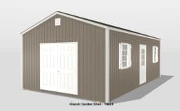 Brown garden shed with white doors and windows.