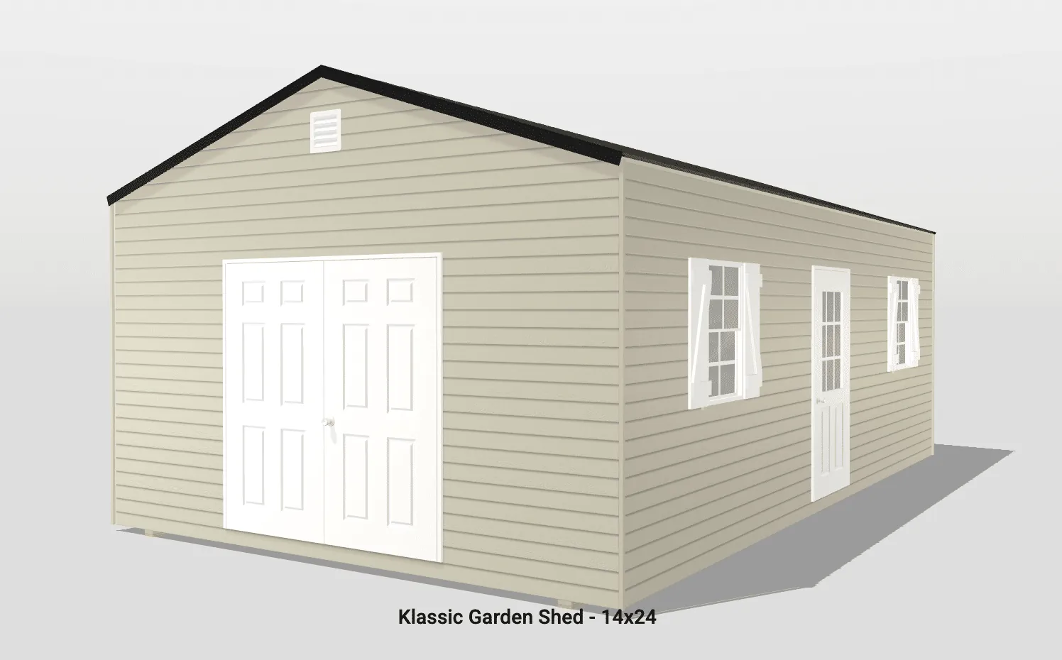 Klasic garden shed with beige siding, 14x24 dimensions.