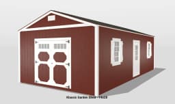Red garden shed with white trim