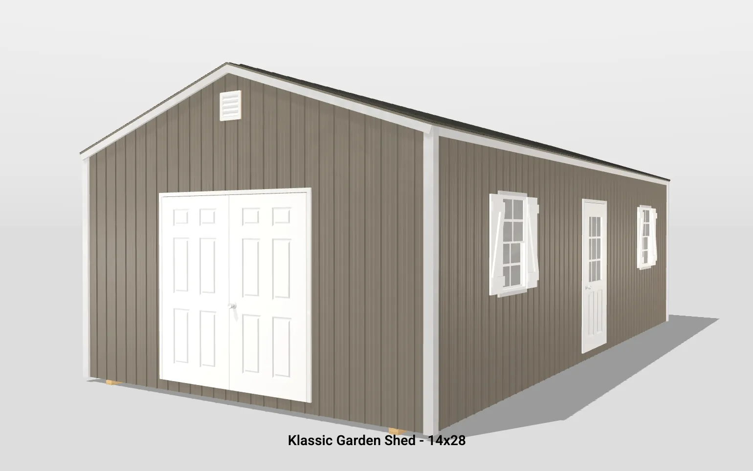 Klassic garden shed, brown with white doors, 14x28.