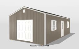 Klassic garden shed, brown with white doors, 14x28.