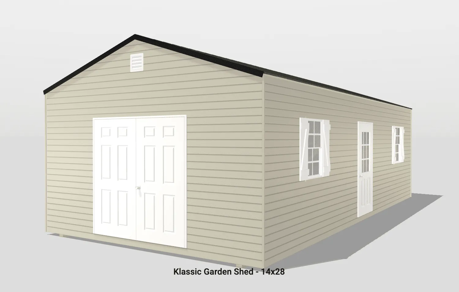 Klassic garden shed, beige, with windows and doors.