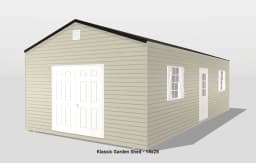 Klassic garden shed, beige, with windows and doors.