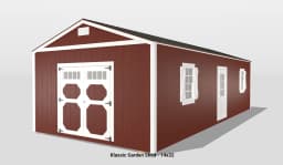 Large red garden shed with white doors and windows.