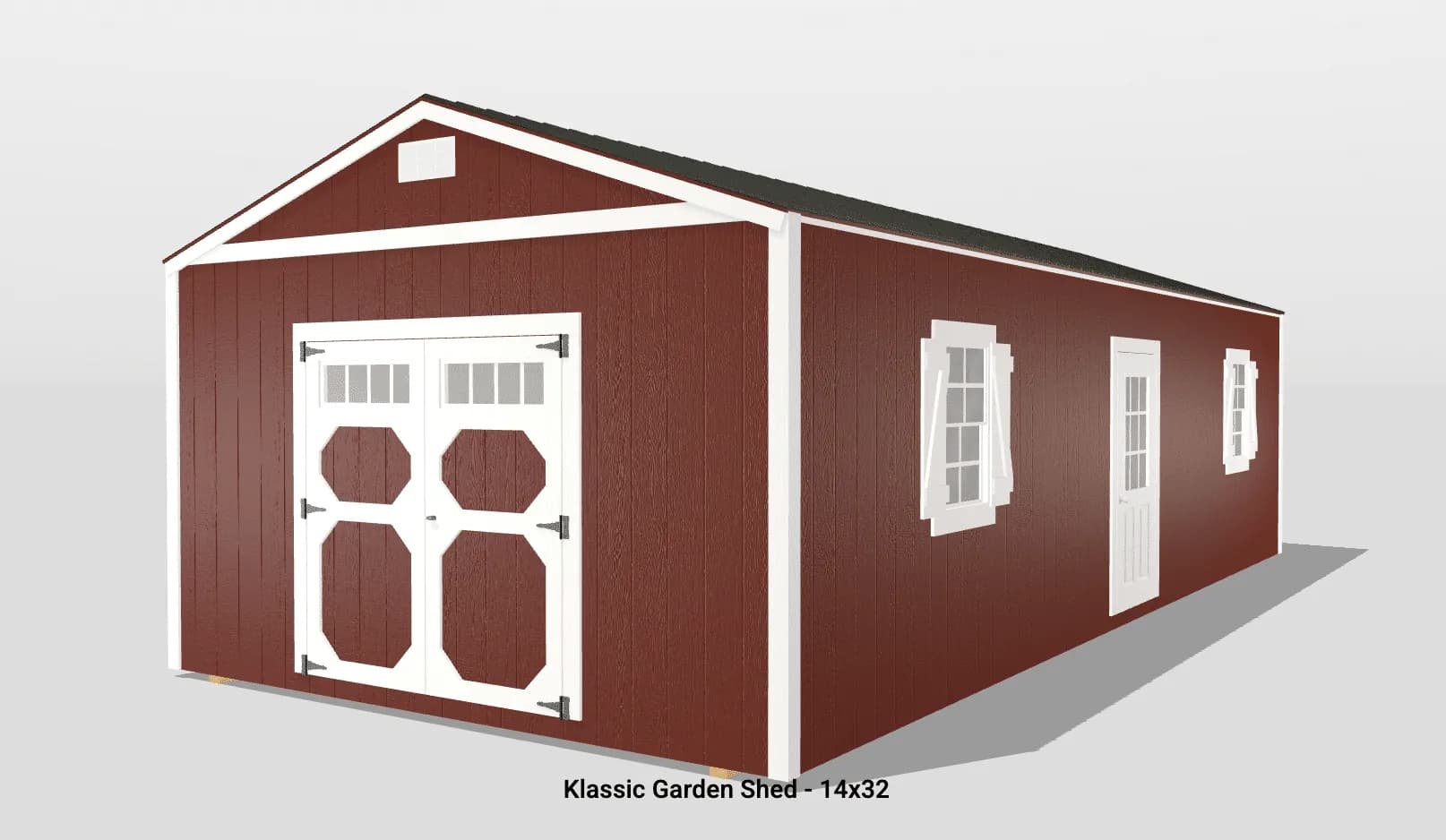 Large red garden shed with white doors and windows.