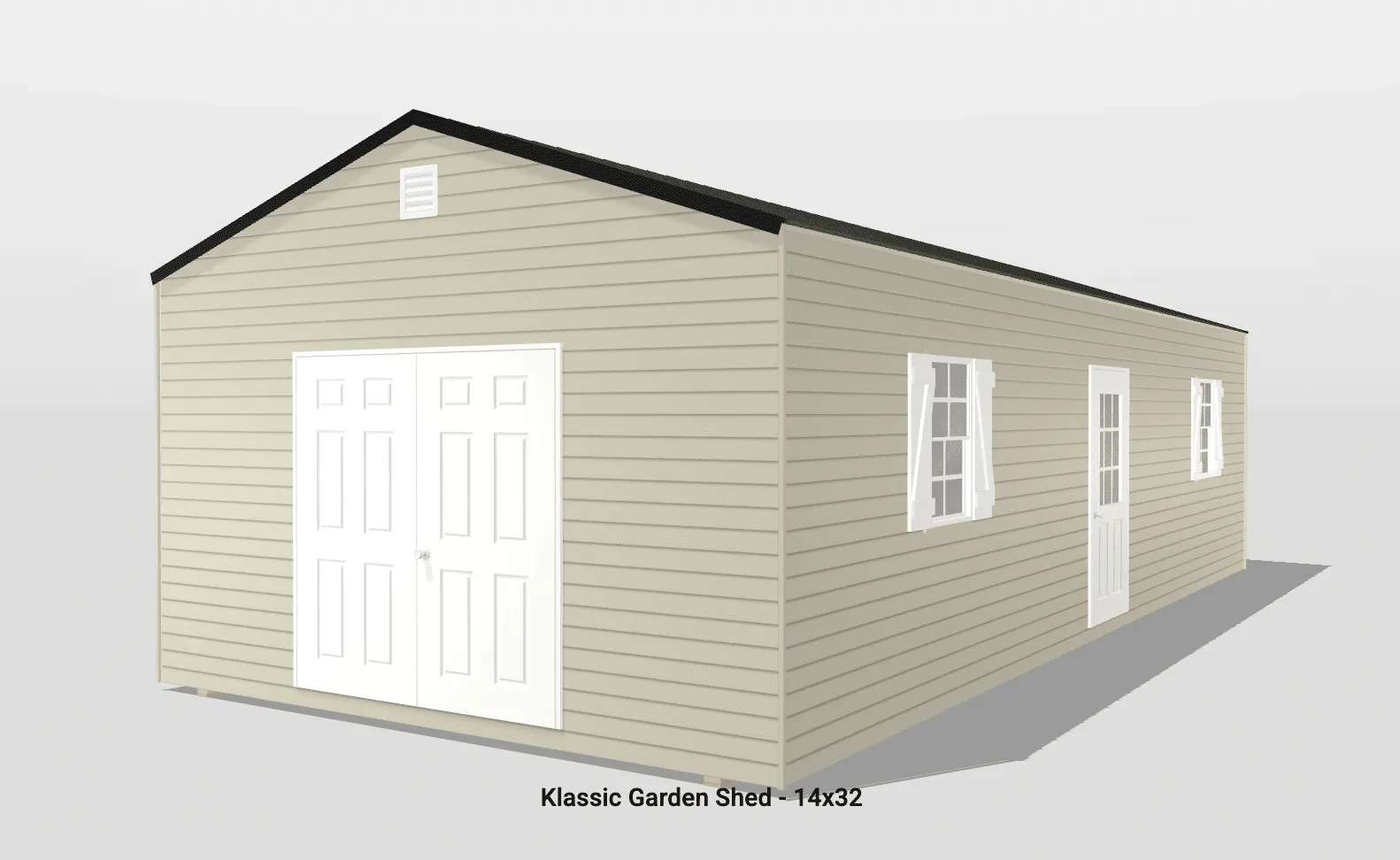 Tan garden shed with white doors and windows.