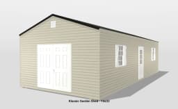 Tan garden shed with white doors and windows.