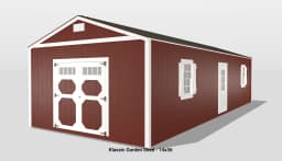 Red garden shed with white trim, 14x36 size.