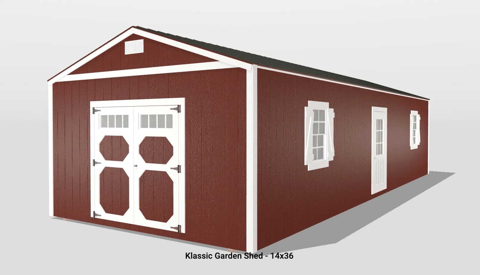 Red garden shed with white trim, 14x36 size.
