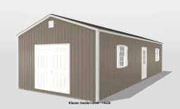 Klassic garden shed brown exterior with white doors.