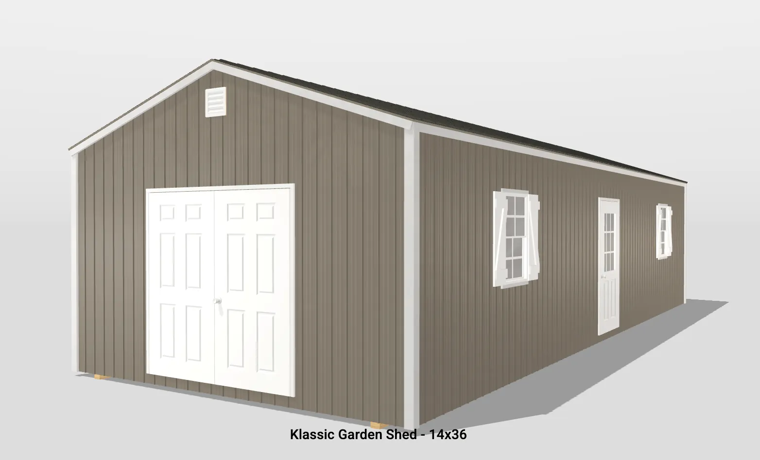 Klassic garden shed brown exterior with white doors.