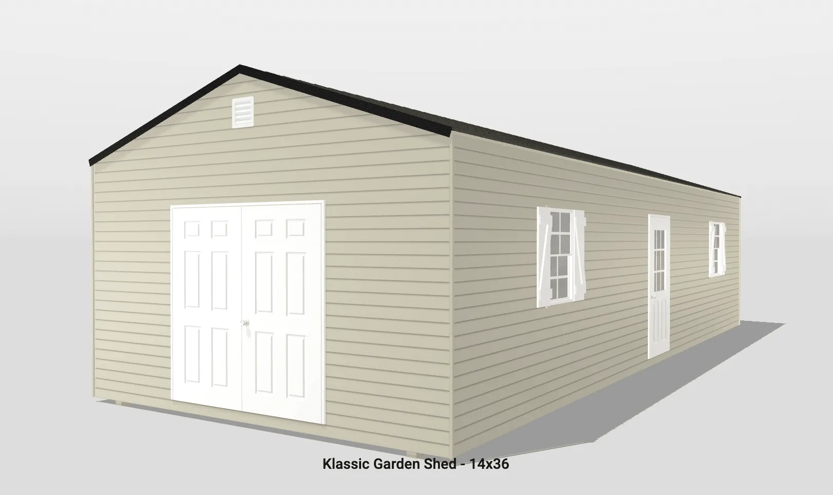 Klassic garden shed, beige siding, side view, 14x36.