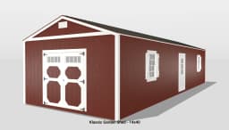 Red garden shed with white trim, 14x40 feet.