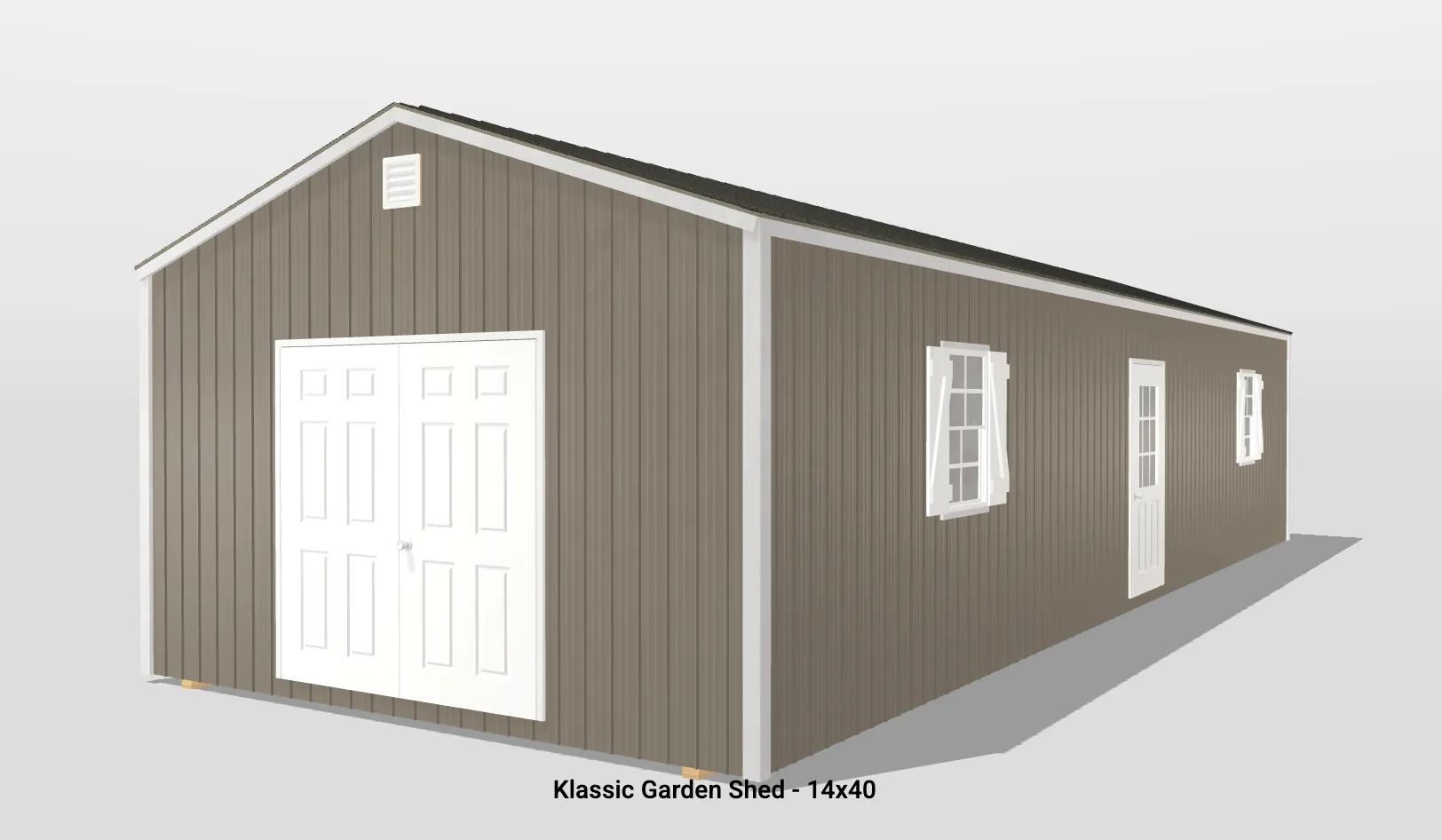 Large brown garden shed with white doors, windows.