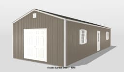 Large brown garden shed with white doors, windows.