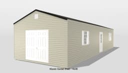 Klassic garden shed image, beige with white doors.
