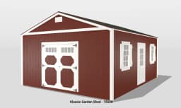 Red garden shed with white trim and windows