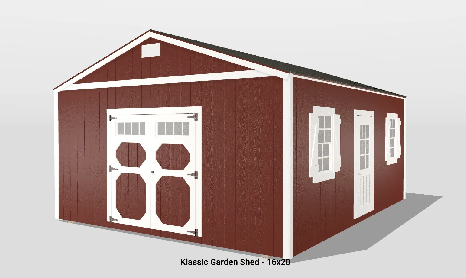 Red garden shed with white trim and windows