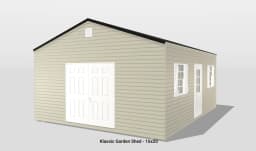 3D model of a beige garden shed