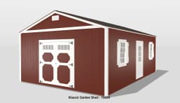 Red garden shed with white trim, double doors