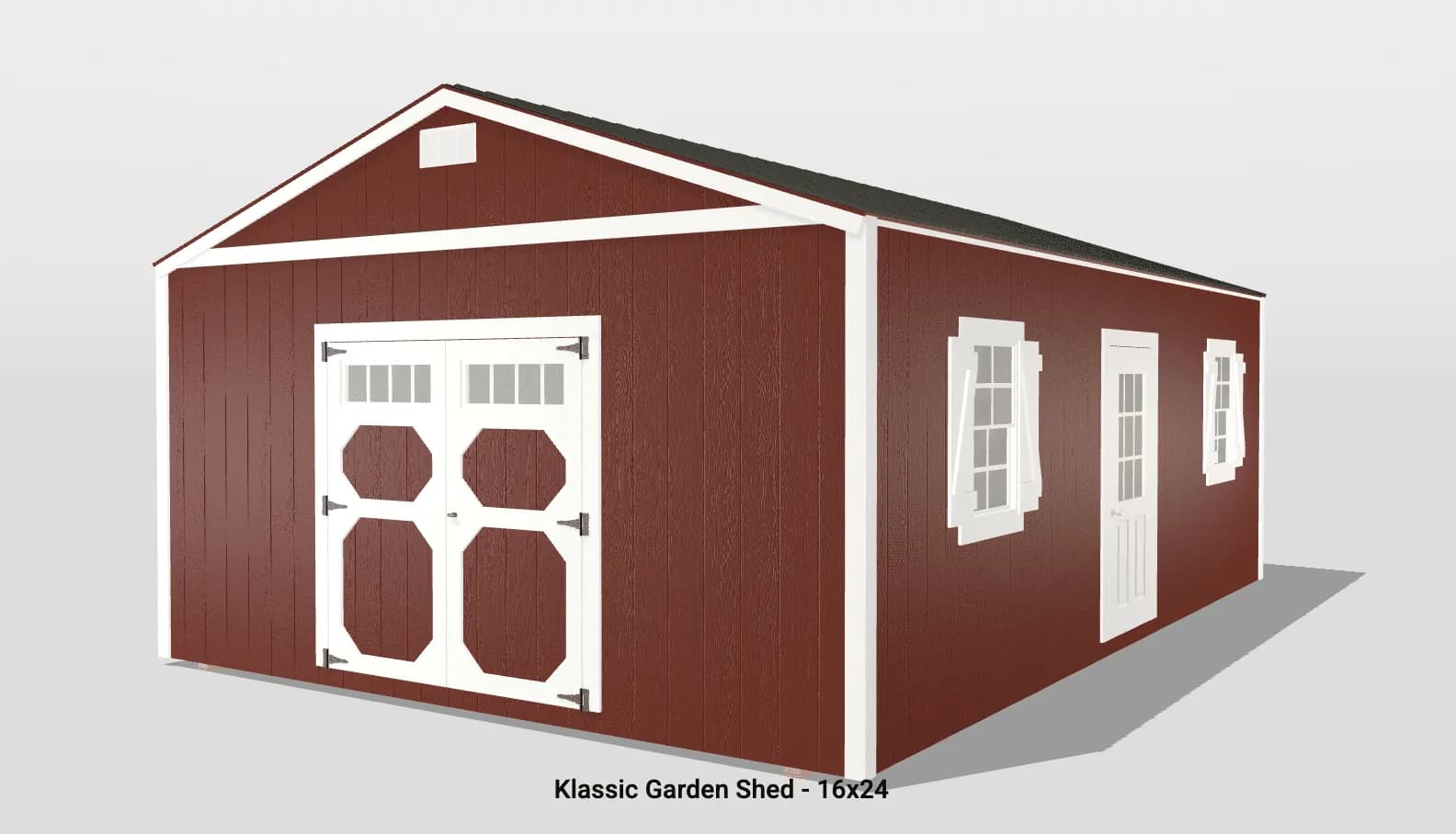 Red garden shed with white trim, double doors