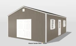16x24 brown garden shed with white trim.